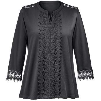 Collections Etc Lace Bodice and Trim V-Neck Long Sleeve Top