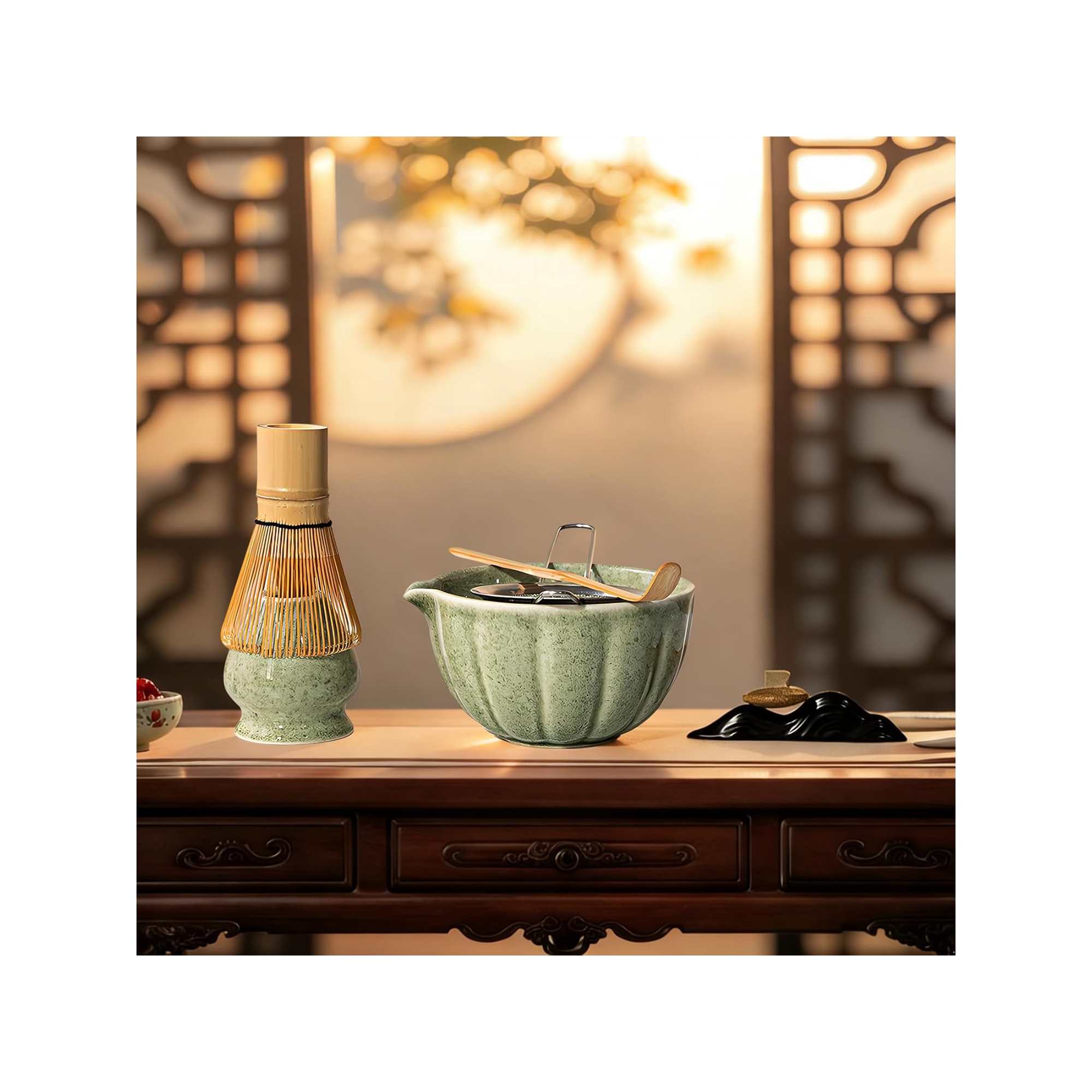 Matcha Set, 8-Piece Ceramic Matcha Bowl & Bamboo Whisk Kit with Scoop, Sifter & Holder, Complete Matcha Making Set for Beginners, Green