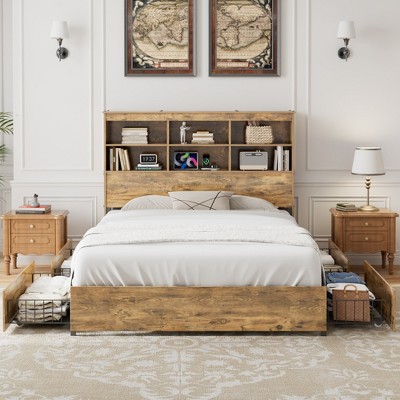 VECELO Bed Frame with 50" Storage Bookcase Headboard, 4 Drawers & USB Charging Station, Metal Slats Platform Bed Frame, Rustic Brown Bed