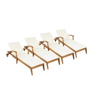 Christopher Knight Home Frank Outdoor Adjustable Chaise Lounge With Cushion and Wheel, Teak/Cream - 1 of 4