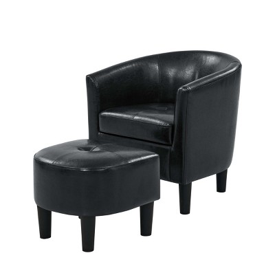 PU Leather Barrel Chair with Ottoman,Modern Accent Armchair Set with Tufted Seat and Round Footstool for Living Room-The Pop Home