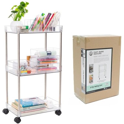 J&V TEXTILES 3 Tier Acrylic Rolling Cart with Wheels, Utility Storage Cart with Handle and Lockable Casters, Storage Basket Organizer Shelves