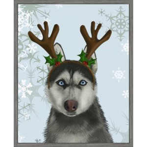 Amanti Art 23"x28" Husky and Antlers by Fab Funky Framed Canvas Wall Art Print - 1 of 4