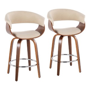 26" Mid-Century Modern Counter Stool with Swivel, Cushioned Seat, Bent Wood Legs and Round Metal Footrest for Kitchen or Home Bar, Set of 2 - 1 of 4