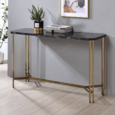 Daxton Black Faux Marble Rectangular Sofa Table with Gold Metal Base