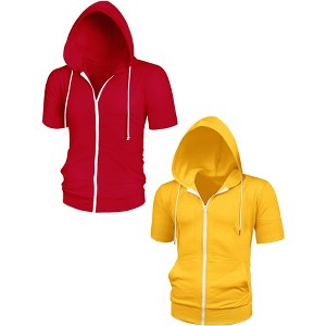 Lars Amadeus Men's Solid Full Zip Short Sleeves Hooded Sweatshirt 2 Packs - 1 of 4