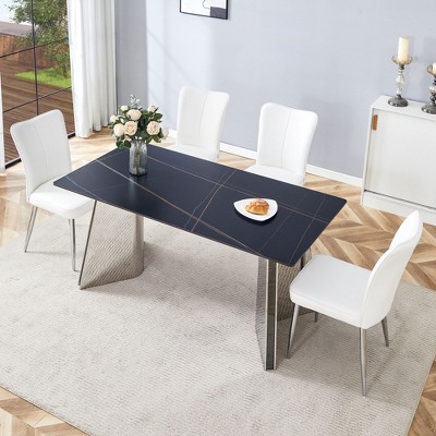 NicBex 5 PCS/7 PCS Dining Table Set,Marble-Patterned Slabs Tabletop with Stainless Steel Butterfly Legs,4/6 PU Chairs for Kitchen/Apartment