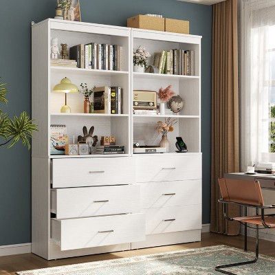 Aheaplus 71'' Tall Storage Bookcase, Bookshelf with 3-Tier Open Shelves and 3 Drawers, Wood Storage Cabinet