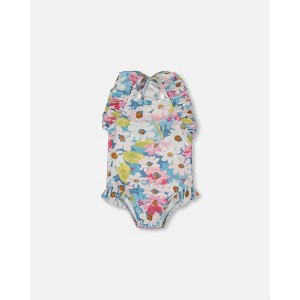 Deux par Deux Girl Printed One-Piece Swimsuit with Frills White, Pink, and Green Flowers - 1 of 4