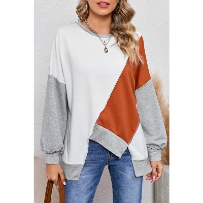 I AM A FASHION JUNKY Khaki Colorblock Stitching Irregular Hem Long Sleeve Top