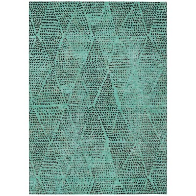 Teal Blue And Charcoal Geometric Washable Indoor Outdoor Area Rug