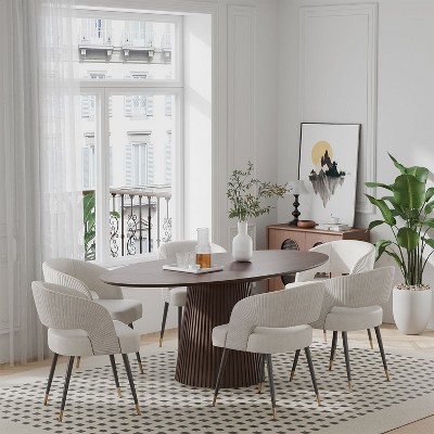 Cone shaped grille strip in natural wood color with oblique cut edges, oval dining table (conical base)