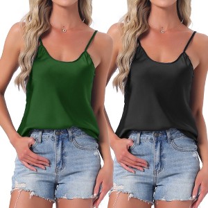INSPIRE CHIC Women's 2 Pcs Satin Camisole Silky Pajama Tank Tops V Neck Soft Spaghetti Strap Loose Basic Sleepwear - 1 of 4