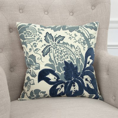 Navy and White Embroidered Cotton Floral Euro Pillow Cover
