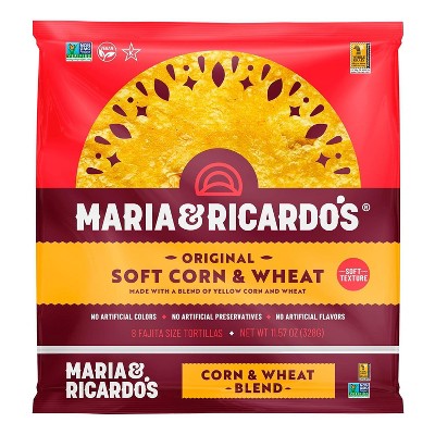 Maria & Ricardo's Soft Yellow Corn Tortillas. (3 Pack) Made from a blend of corn and wheat. Non GMO PV. Vegan. Kosher. 8 Tortillas per Pack