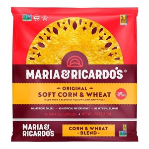 Maria & Ricardo's Soft Yellow Corn Tortillas. (3 Pack) Made from a blend of corn and wheat. Non GMO PV. Vegan. Kosher. 8 Tortillas per Pack - 1 of 2
