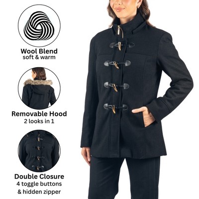 Alpine Swiss Duffy Womens Wool Blend Toggle Coat Removable Faux Fur Hood Classic Duffle Overcoat Warm Winter Jacket BLK M — фото 3