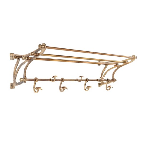 Brushed Gold Bathroom Shelf with Hooks Aluminum Rectangle Kitchen