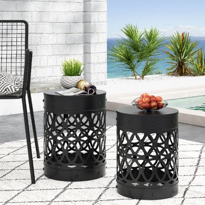 Iron Cut Design Outdoor End Tables, Modern Cylindrical Patio End Table, Outdoor Side Table with Overlapping Circle Pattern -Christopher Knight Home