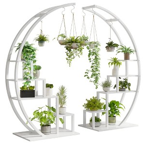 5-Tier Half Moon Plant Stand - Tall Metal & Wood Indoor Plant Shelf with 4 Hanging Hooks - 1 of 4