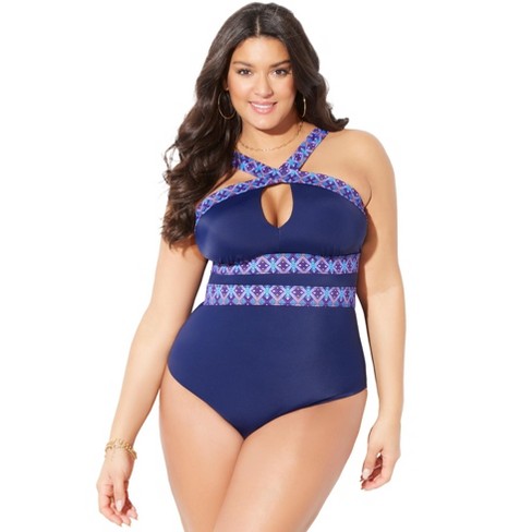 Swimsuits For All Women's Plus Size Tummy Control V Neck Lattice Plunge One  Piece Swimsuit With Adjustable Straps - 8, Navy Blue : Target