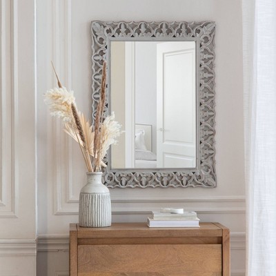 Calie Distressed Grey 25" Ornamental Wood Wall Mirror