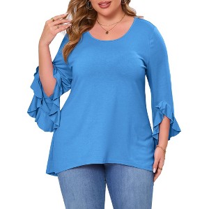 Womens Plus Size Tops 3/4 Ruffle Sleeve Shirts Loose V-Neck Dressy Casual Tunic Blouses - 1 of 4