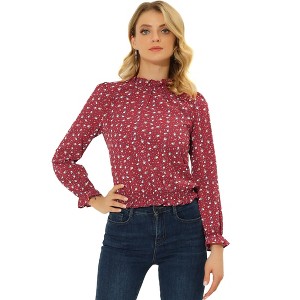 INSPIRE CHIC Women's Smocked Waist Ruffled Hem Stand Collar Floral Dots Blouse - 1 of 4