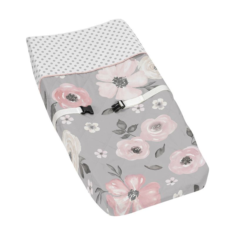 Sweet Jojo Designs Girl Changing Pad Cover Watercolor Floral Grey and Pink, 1 of 7