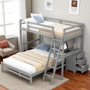 Twin Over Full Bunk Bed with Desk and 3 Drawers, Convertible Wood Frame with Storage, Ladder, Natural Finish - 1 of 4