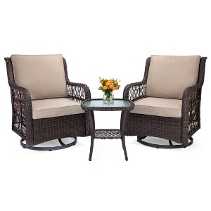 3-Piece Outdoor Wicker Patio Bistro Set w/ 2 360-Degree Swivel Rocking Chairs & Tempered Glass Top Side Table, 360° Swivel Patio Set for Backyard - 1 of 4