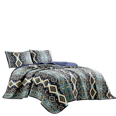 Blue Organic Cotton Reversible Queen Bedspread Set