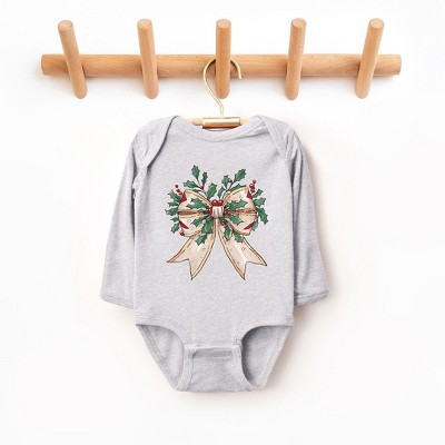 The Juniper Shop Holly Leaves Coquette Baby Long Sleeve Bodysuit - 6 Month - Heather Grey