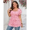 Plus Size Square Neck Shirts for Women Cap Sleeve Waist Ribbon Printed Top Blouses - 3 of 4