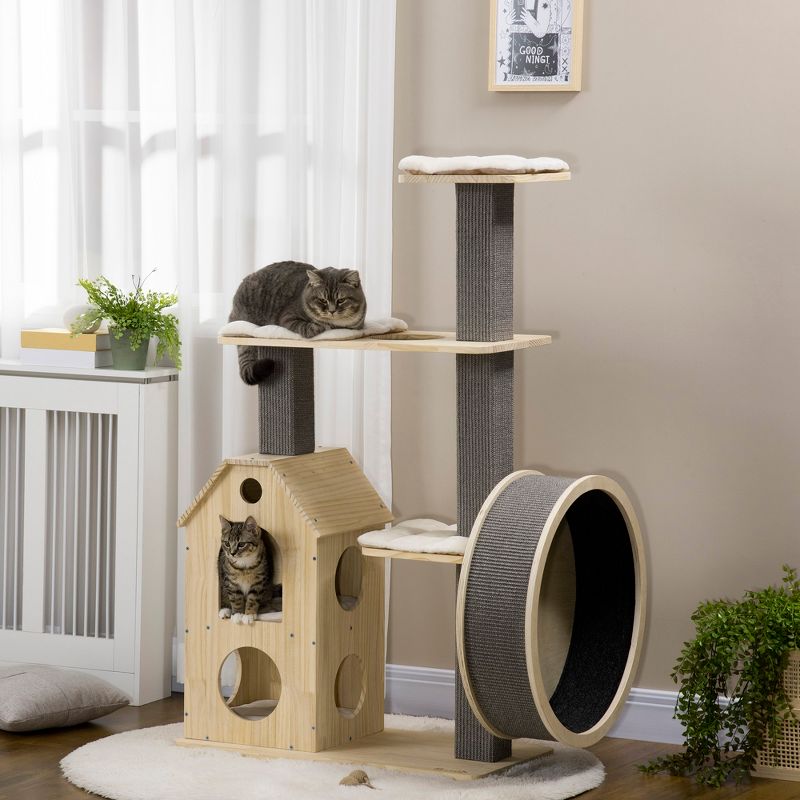 PawHut 53" Modern Cat Tree with Scratching Posts, Small Cat Tree with Double-Layer House, Small Cat Tower for Indoor Cat Furniture, Wooden Cat Tree, 3 of 7