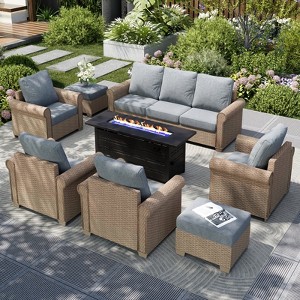 Captiva Designs Luxury Wicker Patio Conversation Fire Pit Set with Curved Armrests with Cushions - 1 of 4