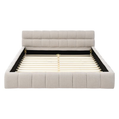 VYNXARIA Cozy and Stylish Beige Queen Platform Bed with Headboard: Thick Chenille Fabric, Solid Frame, No Box Spring Needed