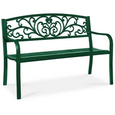 Best Choice Products Outdoor Steel Bench Garden Patio Porch Furniture w/ Floral Design Backrest - Dark Green