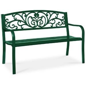 Best Choice Products Outdoor Steel Bench Garden Patio Porch Furniture w/ Floral Design Backrest - 1 of 4