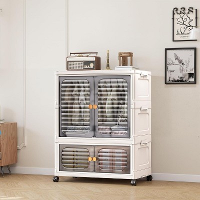 2 Tier Baby Wardrobe Closet with Transparent Grey Doors, Collapsible Storage Bins with Wheels-for Baby pet Clothes Daily Necessities,with Lid