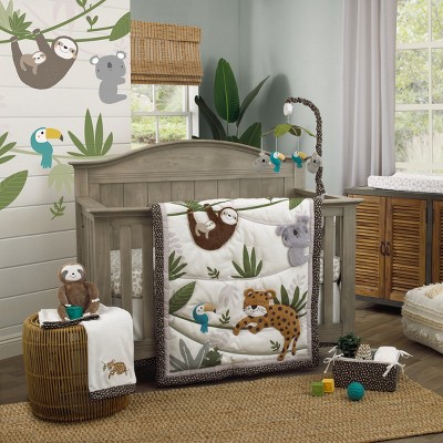 NoJo Jungle Gym 4 Piece Nursery Crib Bedding Set - Grey, Brown and Green Comforter, 100% Cotton Fitted Crib Sheet, Crib Skirt, and Storage