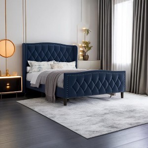 Sapphtopaz Modern Queen Bed Frame Velvet Upholstered Platform Bed with Wingback Headboard and Wood Slat Bedroom Furniture, No Box Spring Needed - 1 of 4