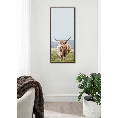Highland Cow Mountain Landscape Gray Framed Canvas Wall Art