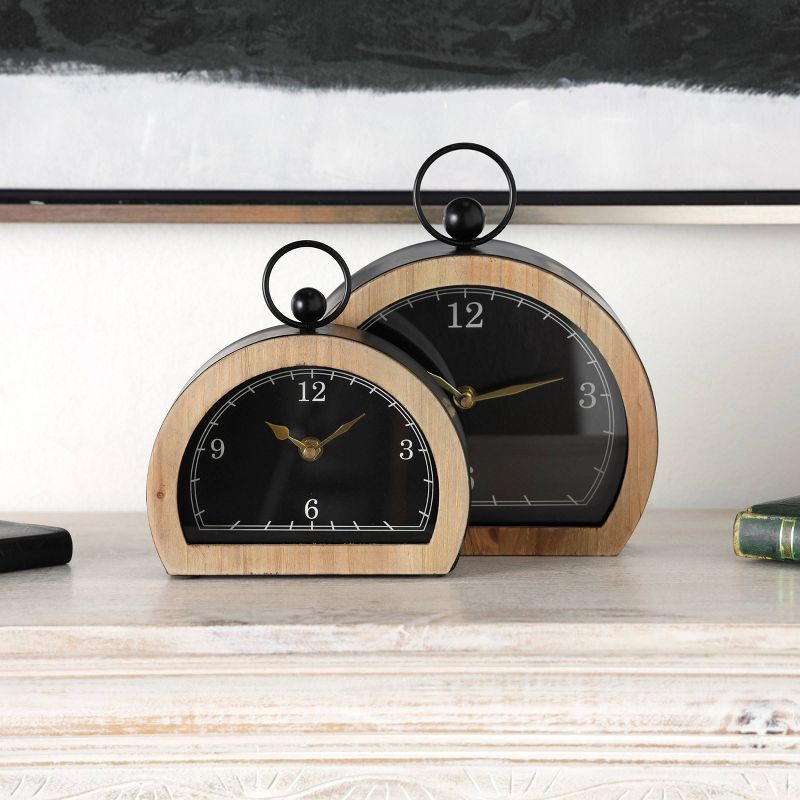 Set of 2 Wooden Semi-Circle Clocks with Brown Wooden Frame and Ring Handle - Olivia & May, 2 of 8