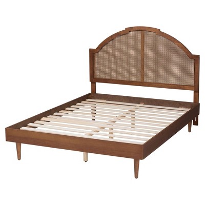 Walnut Brown King Wood Frame Platform Bed with Rattan Headboard