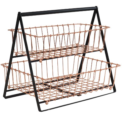 Sunnydaze Indoor Rectangle Iron 2-Tier Decorative Storage Basket for Kitchen Countertop - Copper