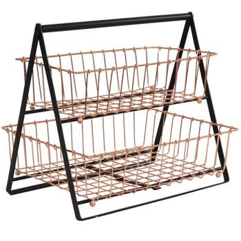 Sunnydaze Indoor Rectangle Iron 2-Tier Decorative Storage Basket for Kitchen Countertop - Copper