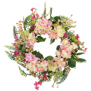 Northlight Hydrangea, Berry and Fern Artificial Spring Floral Wreath, Pink - 20-Inch - 1 of 4