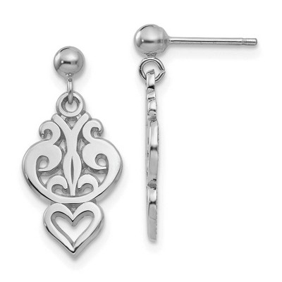 Black Bow Jewelry Small Filigree Heart Dangle Post Earrings in 14k White Gold
