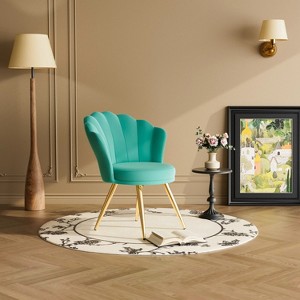 Green velvet decorative chair with gold metal legs, powder room vanity chair, living room upholstered guest chair - 1 of 4